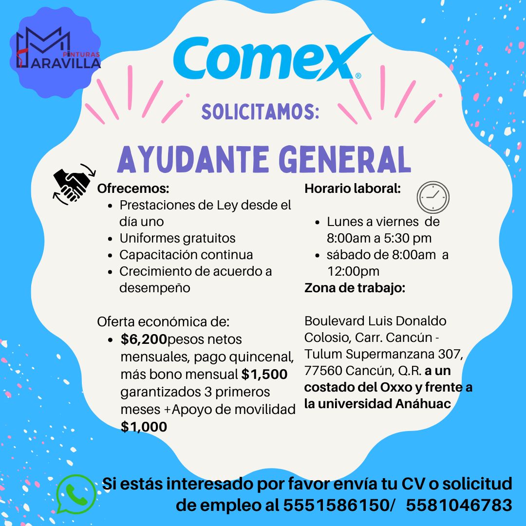Vacante de Ayudante General en Comex Cancún