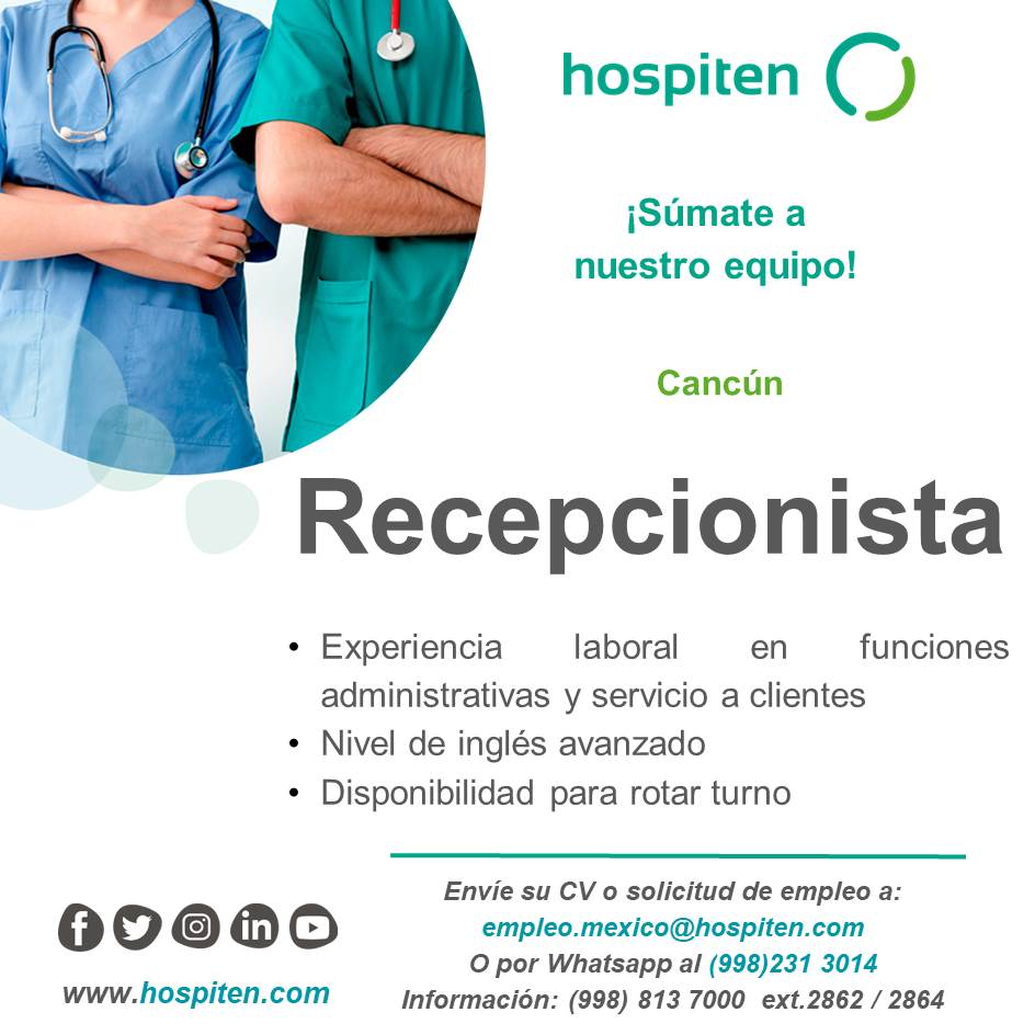 Vacante de Recepcionista en Hospiten Cancún