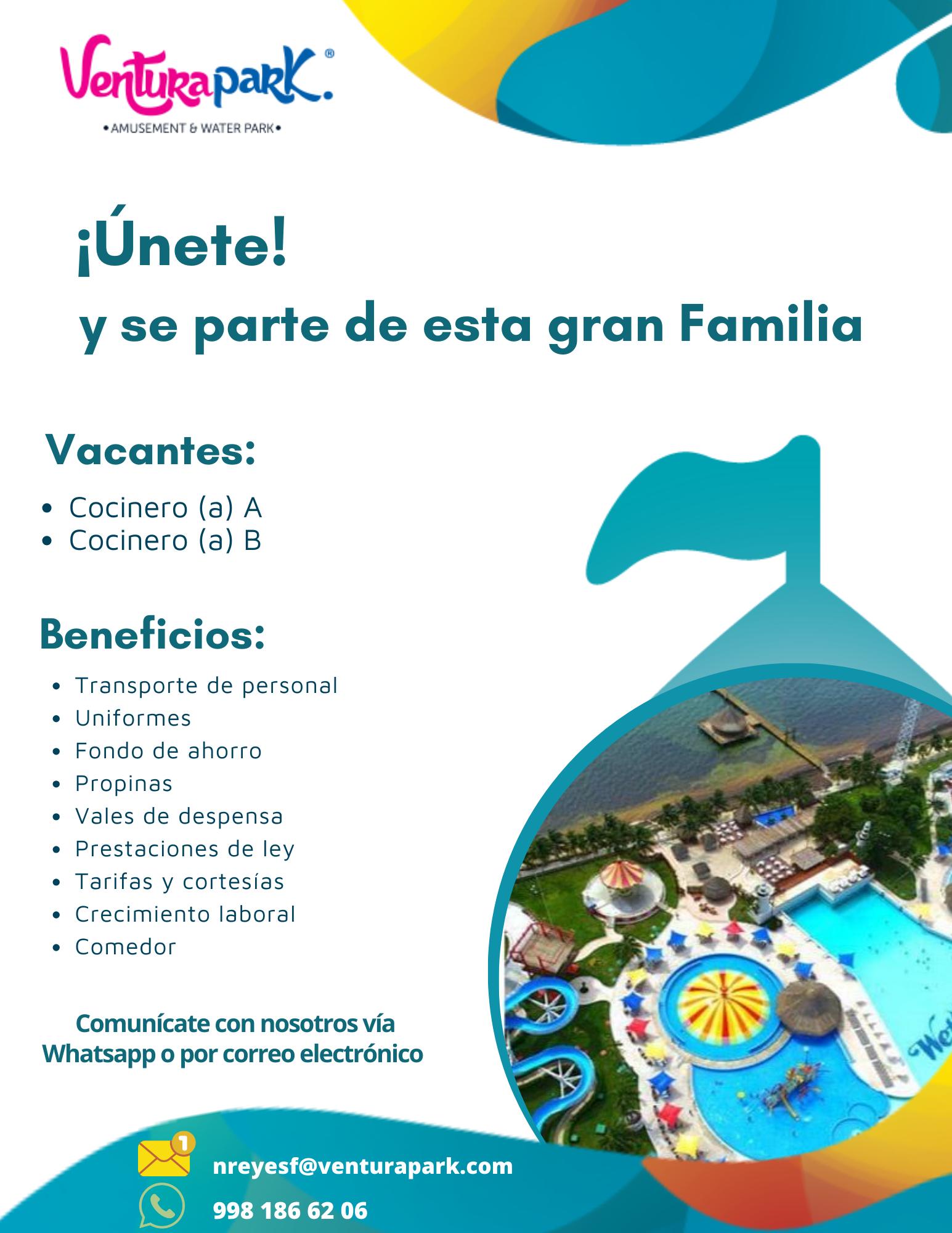 Vacante de Cocinero A y Cocinero B en Ventura Park Cancún