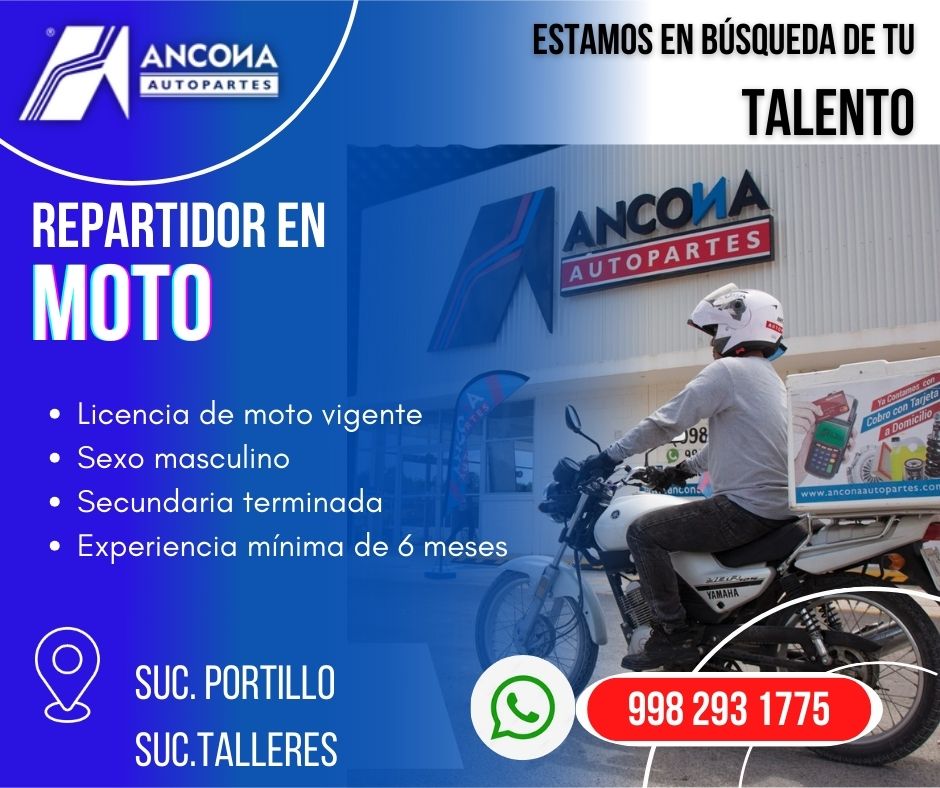 Se solicita Repartidor en moto en Ancona Autopartes Cancún